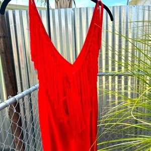 DIANE VON FURSTENBURG RED SILK FRINGE TOP